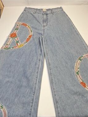 POL Light Blue Wide-Leg Jeans with Multicolor Peace Sign Appliqués